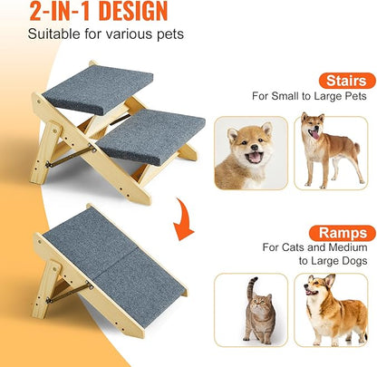 VEVOR Wood Pet Stairs/Pet Steps 2-in-1 Foldable 2 Steps 110 lbs