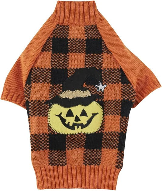 Orange Black Plaid Halloween Costume Clothes Pumpkin Dog Sweater for Large Dogs, X-Large (XL) Size