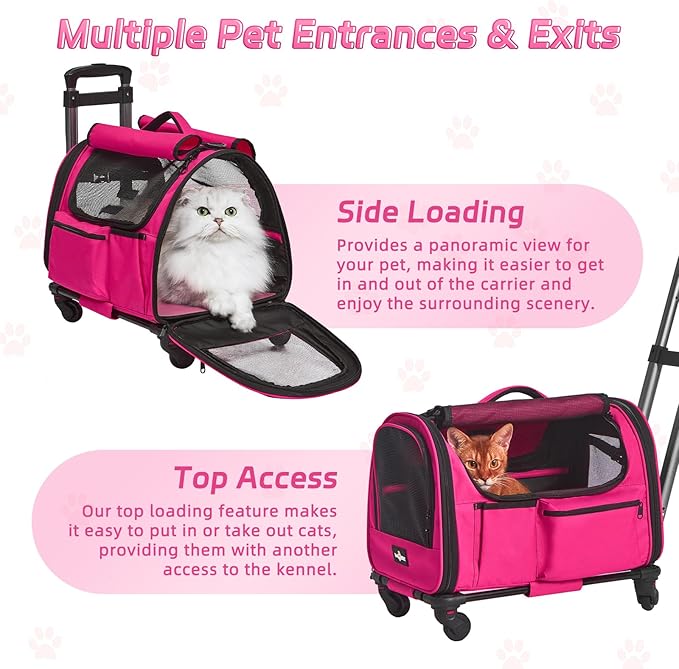 Cat Carrier with Wheels, Foldable Airline Approved Dog Cat Carrier with Wheels for Cat Dog Under 20 lbs, Rolling Cat Carrier Travel Bag with Telescopic Handle for Walking Travel Vet Visits