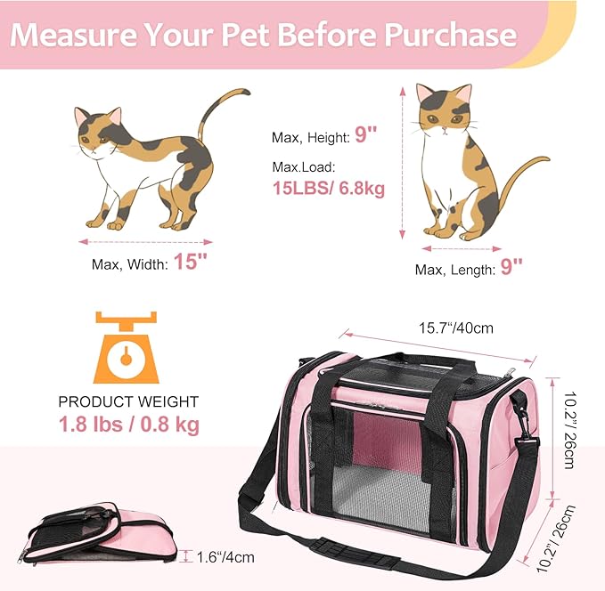 Cat Dog Carrier Up to 15 Lbs TSA Airline Approved Pet Carrier for Small Medium Cats Puppies Dog Carriers for Small Dogs Collapsible Soft Sided Cat Travel Carrier - Pink 15.7"x10.2"x10.2"