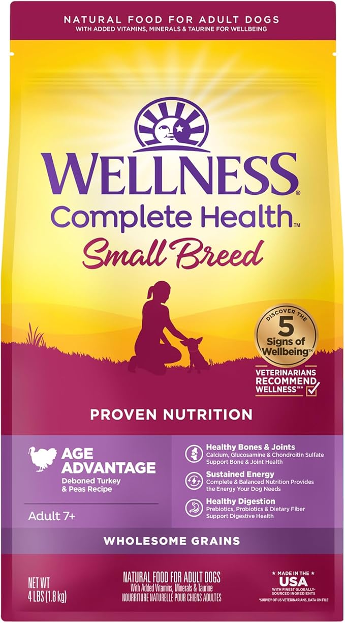 Wellness Complete Health Small Breed Dry Dog Food with Grains, Natural Ingredients, Made in USA with Real Turkey, For Dogs Up to 25 lbs. (Senior, Turkey & Peas, 4-Pound Bag)