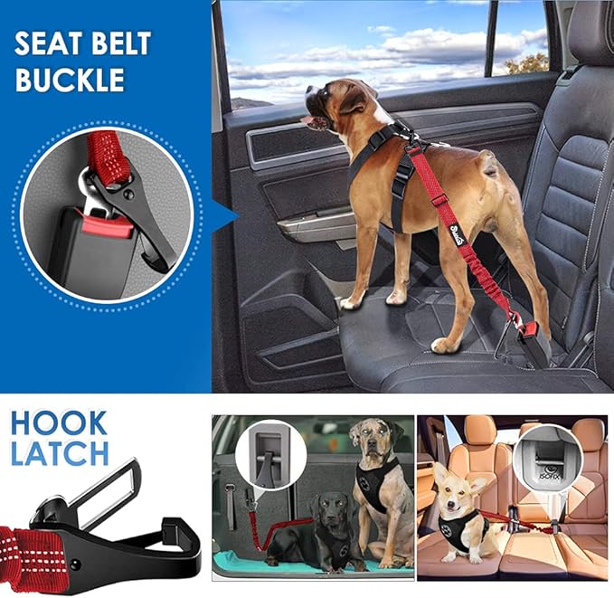 Lukovee Dog Seatbelt Leash for Cars, 2 Pack Pet Safety Car Seat Belt with Adjustable Buckle & Reflective Bungee, Connect Dog Harness in Vehicle Car Dogs Restraint Travel Daily Use (Red)