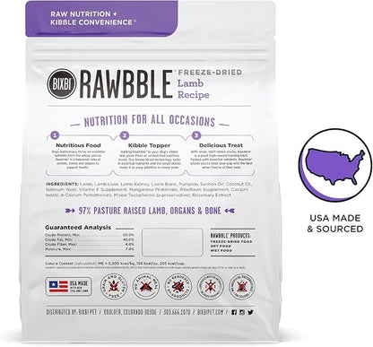 BIXBI Rawbble Freeze Dried Dog Food, Lamb Recipe, 12 oz - 97% Meat and Organs, No Fillers - Pantry-Friendly Raw Dog Food for Meal, Treat or Food Topper - USA Made in Small Batches