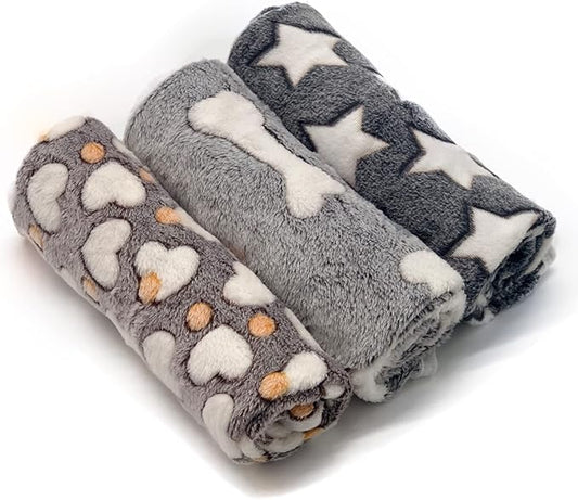 1 Pack 3 Puppy Blankets Super Soft Warm Sleep Mat Grey Cute Print Fluffy Fleece Pet Flannel Throw Dog Blankets for Small Dogs Cats,Star&Bone&Love-Medium(29"x20")