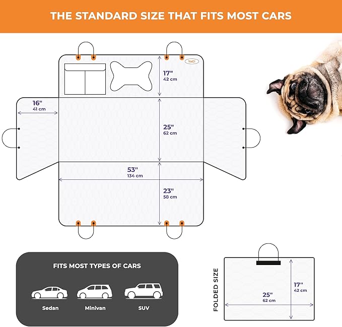 YoGi Prime Back Seat Extender for Dogs, 100% Waterproof Hard Bottom Dog Car Seat Cover, Dog Hammock for Car Travel Camping Mattress Bed, Pets Dog Seat Protector for Cars Trucks SUVs(Gray)