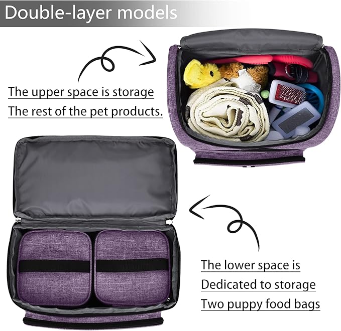 BAGLHER Pet Travel Bag, Double-Layer Pet Supplies Backpack (for All Pet Travel Supplies), Pet Travel Backpack with 2 Silicone Collapsible Bowls and 2 Food Baskets Lavender