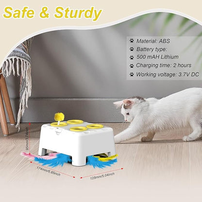 Interactive Cat Toys, 2-in-1 Automatic Cat Toy, 4 Holes Mice Whack A Mole Cat Mouse Toy with Moving Feather, Portable USB Rechargeable Electronic Kitten Toys (White & Yellow)