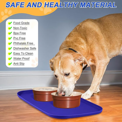 Silicone Pet Feeding Mat with Raised Edge, Dog Cat Bowl Mats for Food and Water, Pet Placemat for Floors Waterproof, 19” x 12” x 0.7” Navy Blue