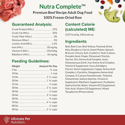 ULTIMATE PET NUTRITION Nutra Complete, 100% Freeze Dried Veterinarian Formulated Raw Dog Food with Antioxidants Prebiotics and Amino Acids, (1 Pound, Beef)