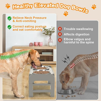 Elevated Dog Bowls, 4 Height Adjustable Raised Dog Bowl Stand with 2 Thick 50oz Stainless Steel Dog Food Bowls Non-Slip Dog Feeder for Dogs Adjusts to 3.7", 9.2", 10.75", 12.36" Light Brownish Gray