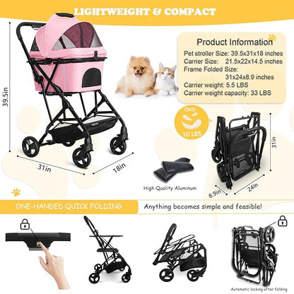 Pet Stroller for Small/Medium Dogs Cats Up to 33lbs 3 in 1 Foldable