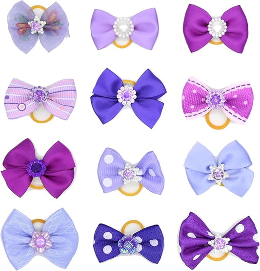 12 Pcs Small Dog Hair Bows with Rubber Bands Bowknot Dog Hair Accessories for Puppy Kitten (Purple)