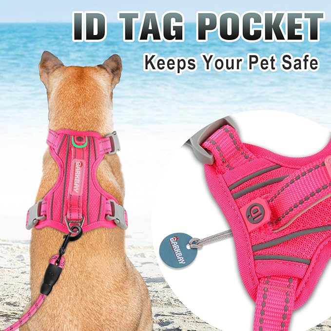 BARKBAY No Pull Dog Harness 3 Buckles Large Step in Reflective Dog Harness with Front Clip and Easy Control Handle for Walking Training Running with ID tag Pocket(Pink,L)