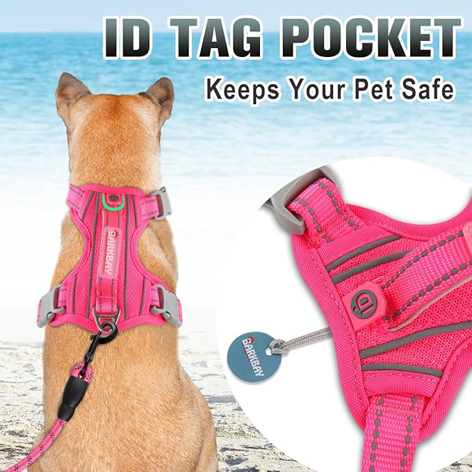 BARKBAY No Pull Dog Harness 3 Buckles Large Step in Reflective Dog Harness with Front Clip and Easy Control Handle for Walking Training Running with ID tag Pocket(Pink
