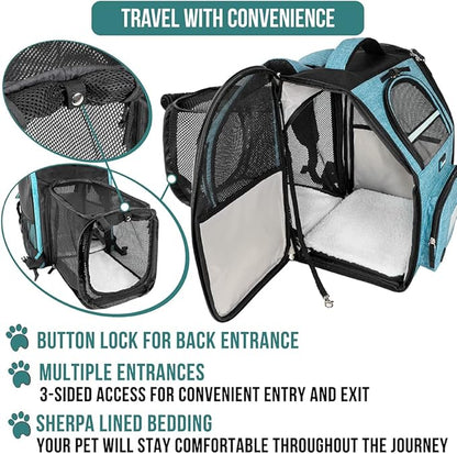 PetAmi Dog Cat Backpack Carrier, Expandable Pet Carrier Backpack for Travel Hiking, Small Medium Dog Puppy Large Cat Carrying Backpack, Airline Approved Ventilated Soft Back Support, 18 lbs, Teal Blue