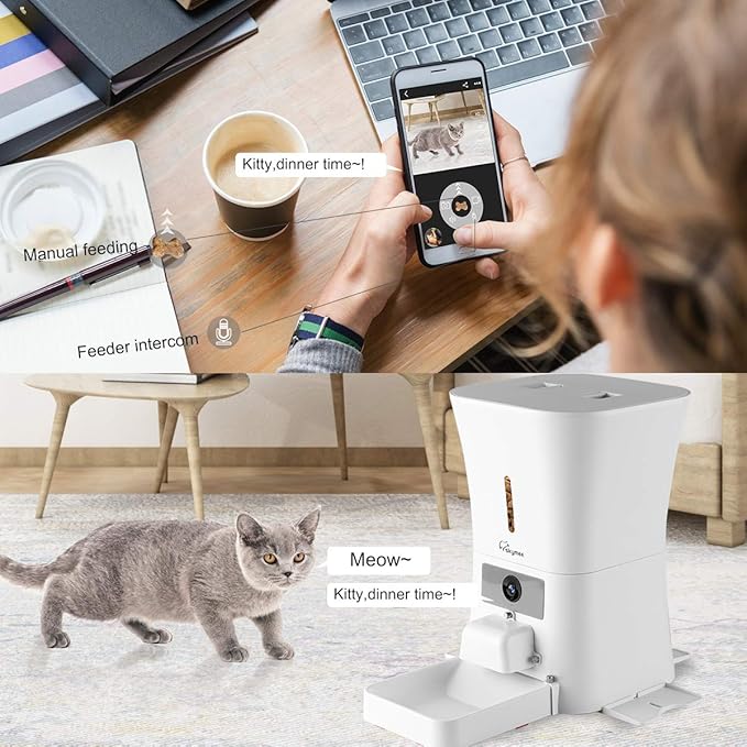 SKYMEE 8L/12L Smart Automatic Pet Feeder Food Dispenser for Cats & Dogs - 1080P Full HD Pet Camera Treat Dispenser with Night Vision and 2-Way Audio, Wi-Fi Enabled App for iPhone and Android