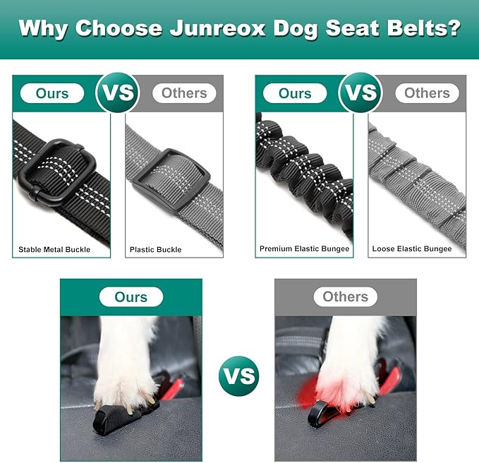 Junreox 2 Packs Dog Seat Belt, 3rd Generation Dog Seatbelt Harness with Adjustable Metal Buckle, Elastic Bungee Reflective Vehicle Car Headrest Restraint Tether for Small Medium Large Dogs Pet