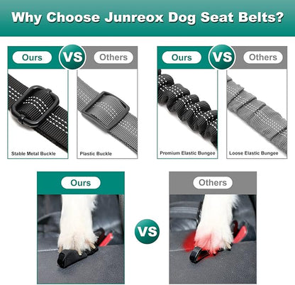 Junreox 2 Packs Dog Seat Belt, 3rd Generation Dog Seatbelt Harness with Adjustable Metal Buckle, Elastic Bungee Reflective Vehicle Car Headrest Restraint Tether for Small Medium Large Dogs Pet