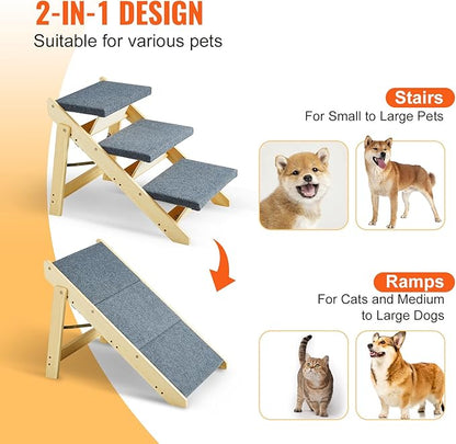 VEVOR Wood Pet Stairs/Pet Steps 2-in-1 Foldable 3 Steps 150 lbs