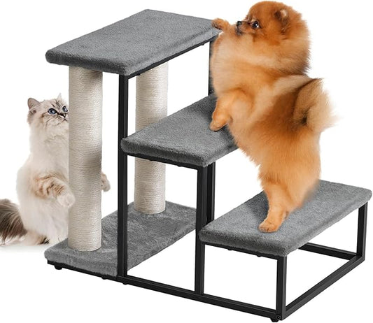 Snughome Dog Stairs & Cat Scratching Post for High Beds Couch 40 lbs 3-Step Stairs-Grey