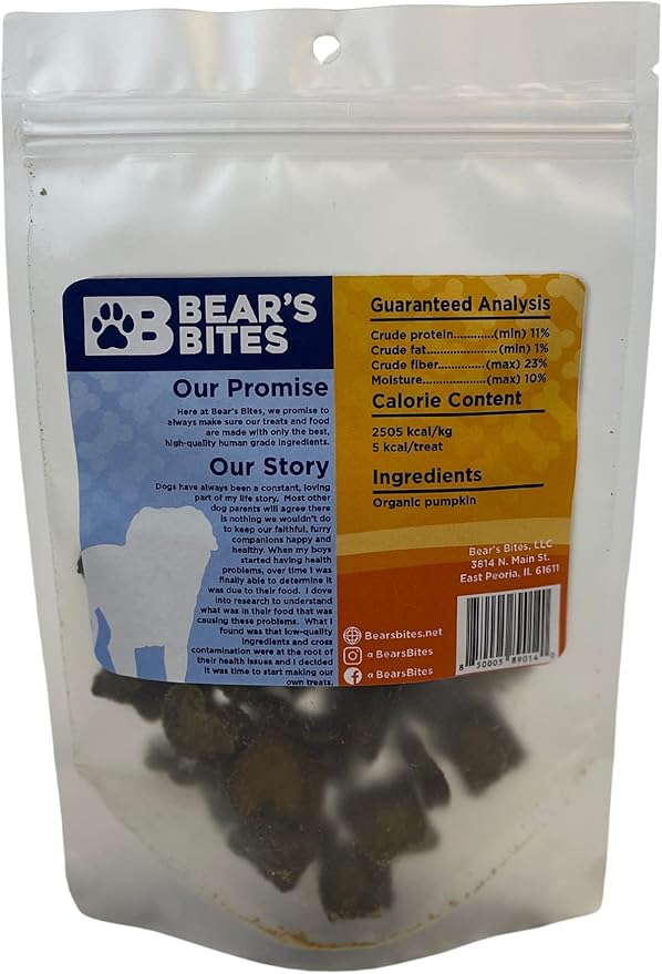 Bear's Bites - All Natural, Single Ingredient, Made in The USA Dehydrated Pumpkin Dog Treats 3 oz