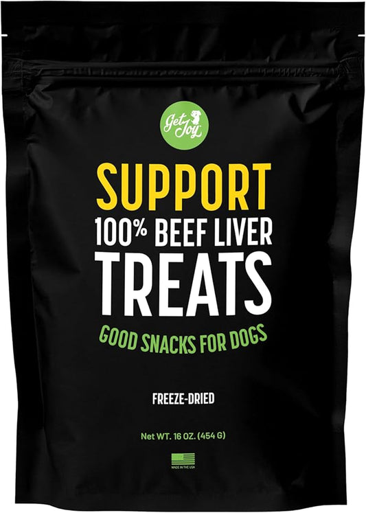 Get Joy Freeze Dried Superfood 100% Beef Liver Dog Treats, 16 Ounce Bag, Single Ingredient Organ Meat, High Protein, Vision, Skin & Coat Health, Muscle Repair, Grain Free, Gluten Free, Made in USA