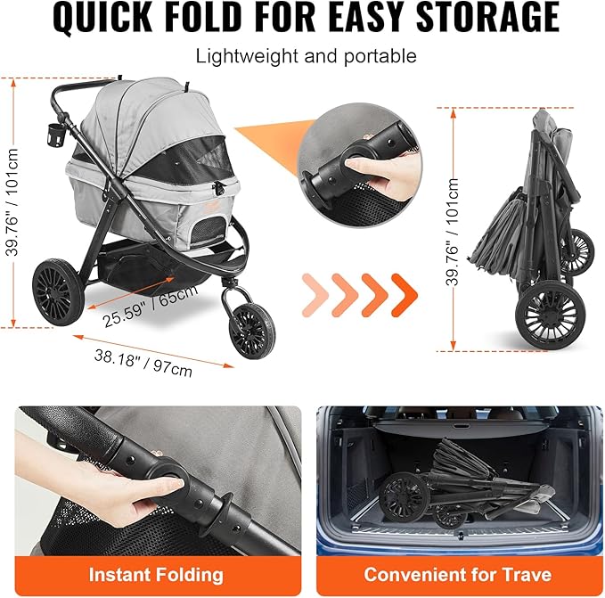 VEVOR Large Pet Stroller for Dogs Cats up to 75lbs 3 Wheels