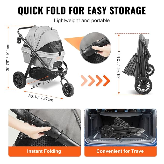 VEVOR Large Pet Stroller for Dogs Cats up to 75lbs 3 Wheels