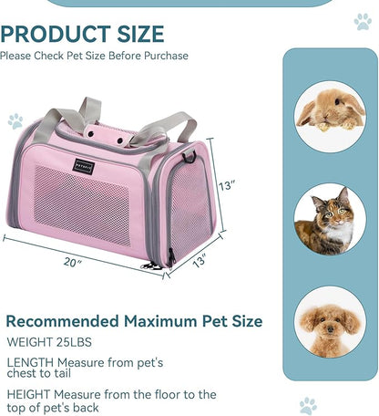 PETSFIT Cat Carrier for Large Cats, Dog Carriers for Small Dogs Under 25 Lbs, Soft Pet Carrier, Cat Crates for Indoor Cats with Cozy Extendable Mat (Large, Pink)