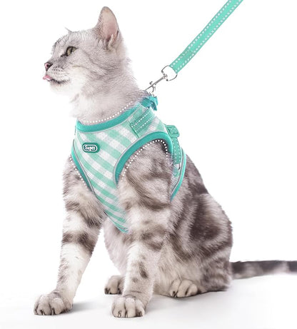 Supet Cat Harness and Leash Set for Walking and Small Dog Soft Mesh Plaid Harness Adjustable Vest with Reflective Strap Comfort Fit for Pet Kitten Puppy Rabbit