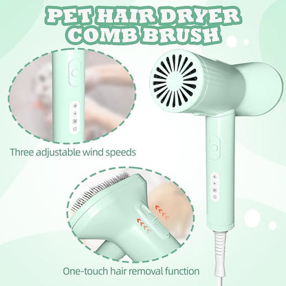 2-in-1 Pet Dryer and Brush- Overheating Protection, 3 Blowing Modes, Low Noise- Ideal Dog Dryer for Pet Grooming, Small and Medium Dogs/Cats- Slim Handle- Dog Blow Dryer (green)