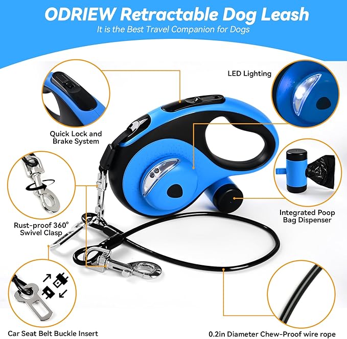 Retractable Dog Leash 16ft 360° Tangle-Free, 6-in-1 with 2 Poop 110lbs. (Blue, 16ft)