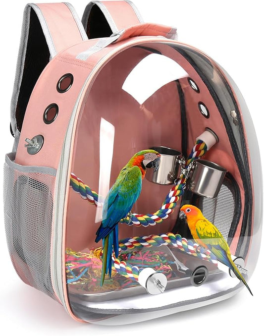 Bird Travel Backpack Carrier, Bird Cage for Small Medium Size Bird Parakeet Budgies Cockatiel, Space Capsule Clear Bubble Window with Stainless Steel Tray Food Bolw Standing Perch (Pink)