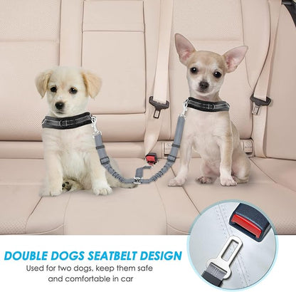 SlowTon Dog Seat Belt, Double Dog Seatbelt Adjustable Vehicle Safety Leash with Elastic Bungee Buffer, Reflective No Tangle Y Shape Two Dog Harness Seat Belt Splitter for Pets Car Trip (Grey, S)