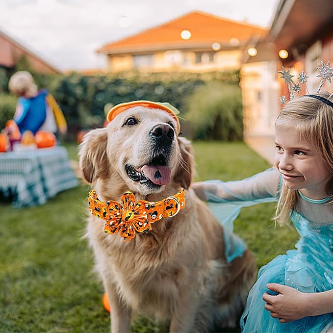 Lionheart glory Premium Halloween Dog Collars Flower Dog Collar Heavy Cotton Adjustable Fall Dog Collar for Large Dogs Cat Print Dog Collar Flower Dog Collar with Bow Tie