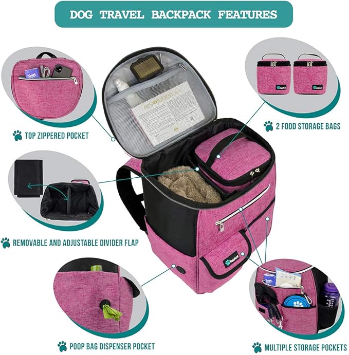 PetAmi Dog Travel Bag Backpack, Airline Approved Dog Bags for Traveling, Puppy Diaper Bag Supplies, Pet Camping Essentials Hiking Accessories Dog Mom Gift, Food Container, Collapsible Bowls, Pink