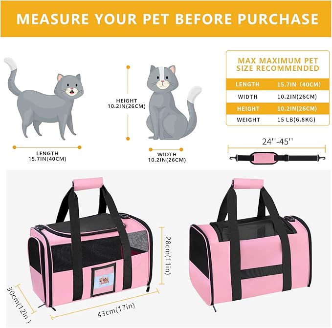 Cat Carrier, Dog Carrier, Pet Carrier Airline Approved for Cat, Small Dogs, Kitten, Cat Carriers for Small Medium Cats Under 15lb, Collapsible Soft Sided TSA Approved Cat Travel Carrier, Pink