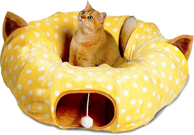 AUOON Cat Tunnel Bed with Central Mat,Big Tube Playground Toys,Soft Plush Material,Full Moon Shape for Kitten,Cat,Puppy,Rabbit,Ferret,Yellow