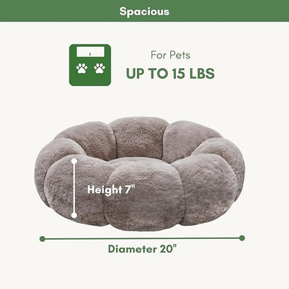 Cat Beds for Indoor Cats, Machine Washable Non-Skid, Fluffy Flower Cat Bed Cute, Anti Anxiety Dog Beds for Toy Size Dogs, 20 * 20 Inches, Brown