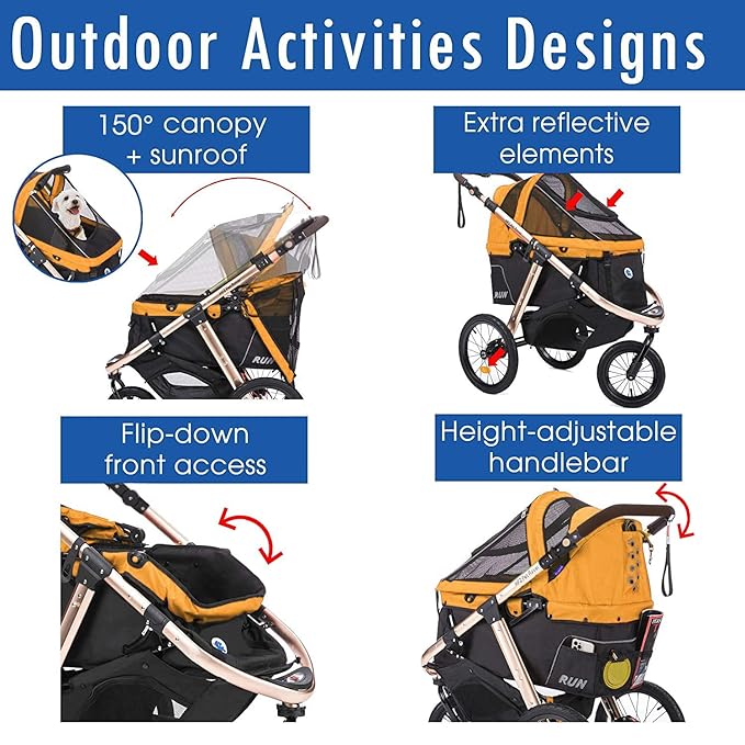 HPZ Pet Rover Run Performance Jogging Sports Stroller with Comfort Rubber Wheels/Zipper-Less Entry/1-Hand Quick Fold/Aluminum Frame for Small/Medium Dogs