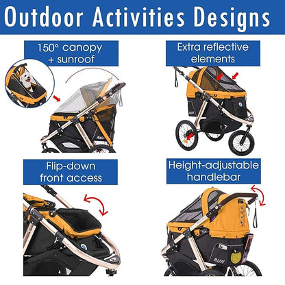HPZ Pet Rover Run Performance Jogging Sports Stroller with Comfort Rubber Wheels/Zipper-Less Entry/1-Hand Quick Fold/Aluminum Frame for Small/Medium Dogs