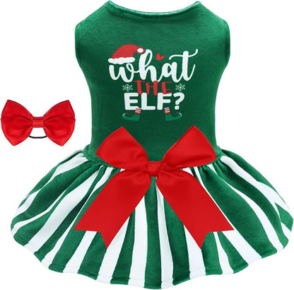 CuteBone What The Elf Dog Dresses Velvet Holiday Small Dogs Clothes Onesie Pet Apparel Girl Puppy Skirt with Bow Hair Rope CVA53S-D