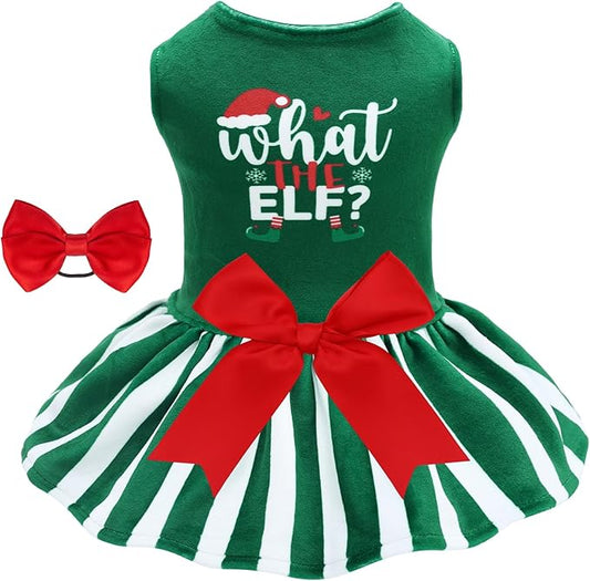 CuteBone What The Elf Dog Dresses Velvet Holiday Small Dogs Clothes Onesie Pet Apparel Girl Puppy Skirt with Bow Hair Rope CVA53XXS-D