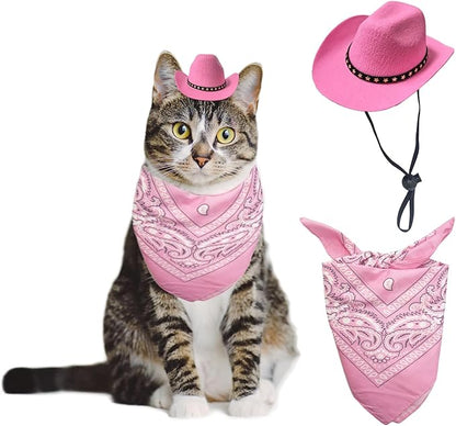 Dog Cowboy Hat Cat Cowboy Hat Mini Cowboy Hat for Dogs Cat Pet Cowboy Costume with Bandana Scarf Holiday Halloween Pet Party Decoration (pink, Small)