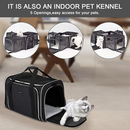 BAGLHER Cat Carrier Bag,Airline Approved Pet Carrier Soft Side Pet Travel 5 Sides Open Doors 3 Sides Expandable Foldable Dog Carrier with Fleece Pad