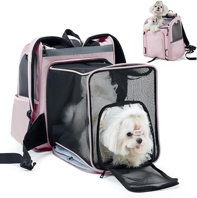 Expandable Pet Carrier, Airline-Approved Foldable and Detachable Backpack, Fits up to 13lbs Cat & 11lbs Small Medium Puppy Dog, Suitable for Car Travel, Outings, Hiking Camping (Pink)