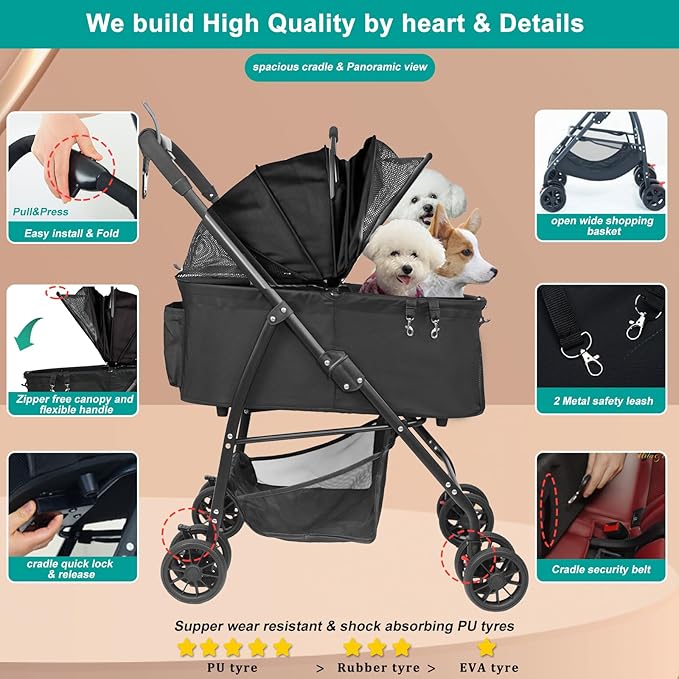 MILA&LOUIS Foldable Dog Stroller 4 Wheels 3 in 1 Folding 30lbs