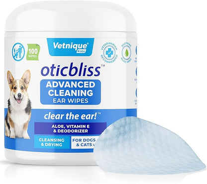 VETNIQUE Oticbliss Advanced Cleaning Ear Wipes for Dogs & Cats for Odor Control 100ct Wipes