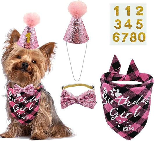 Dog Birthday Party Supplies, LMSHOWOWO Reusable Dog Birthday Bandana Set, Blingbling Dog Birthday Hat Bow Tie Numbers for Small Dogs Pets Birthday Decorations (Pink, Small)