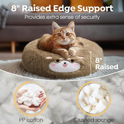 Veehoo Donut Calming Dog Beds for Small Medium Dogs-Round Cute Dog Bed Comfort Pet Bed 23" Camel